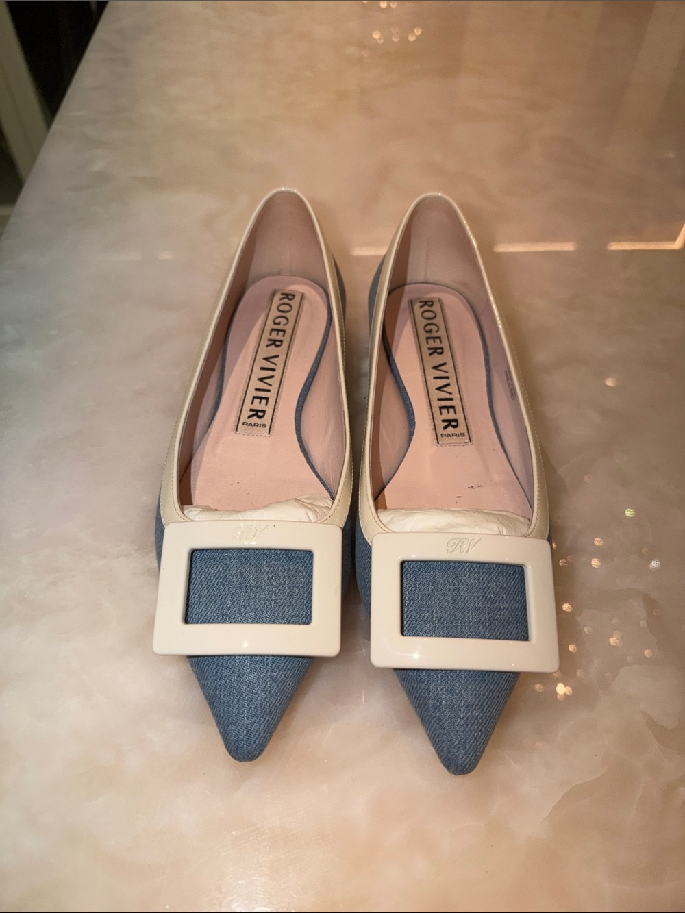 Roger Vivier Denim Pointed Flats with Ivory Buckle